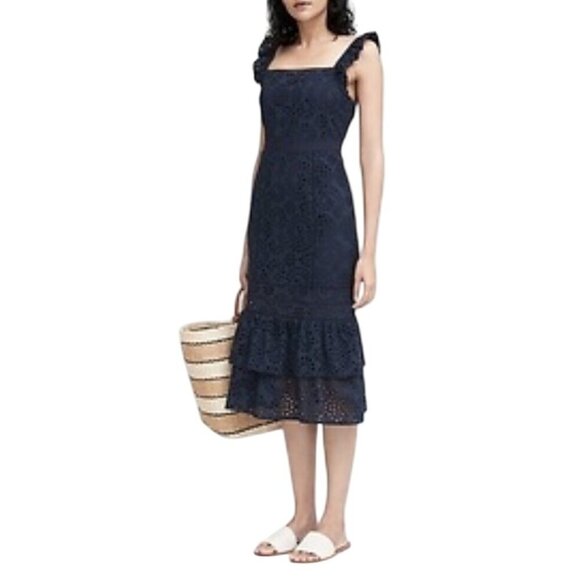 Banana Republic eyelet pinafore midi dress ruffle feminine women’s 4P sleeveless - Picture 1 of 14